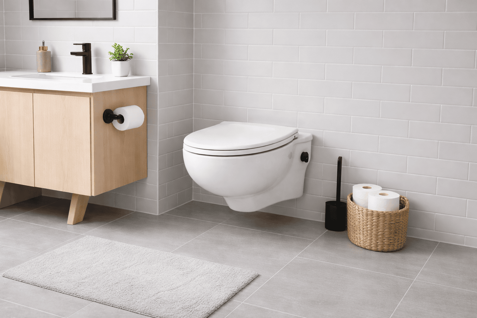 Elegant moderne toalett på badet med minimalistisk design og hvite fliser, perfekt for oppussing og baderomsoppgradering.