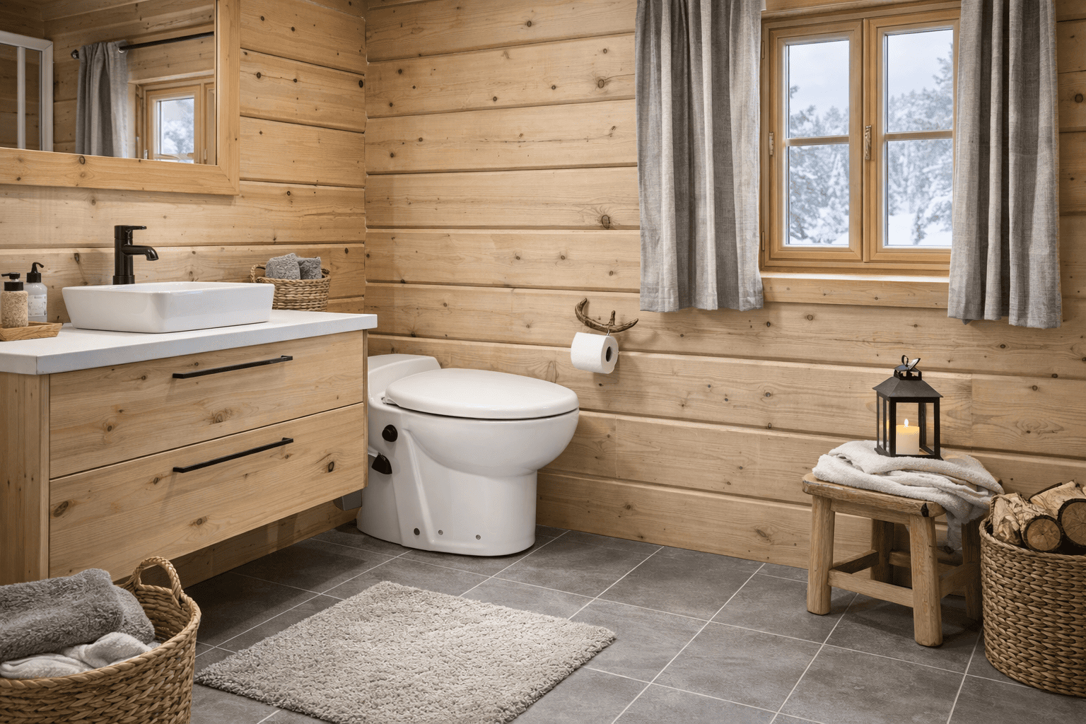 Renovat bad med heltrevegger, moderne toalett og rustikke detaljer, perfekt for koselige hytteliv og moderne komfort.