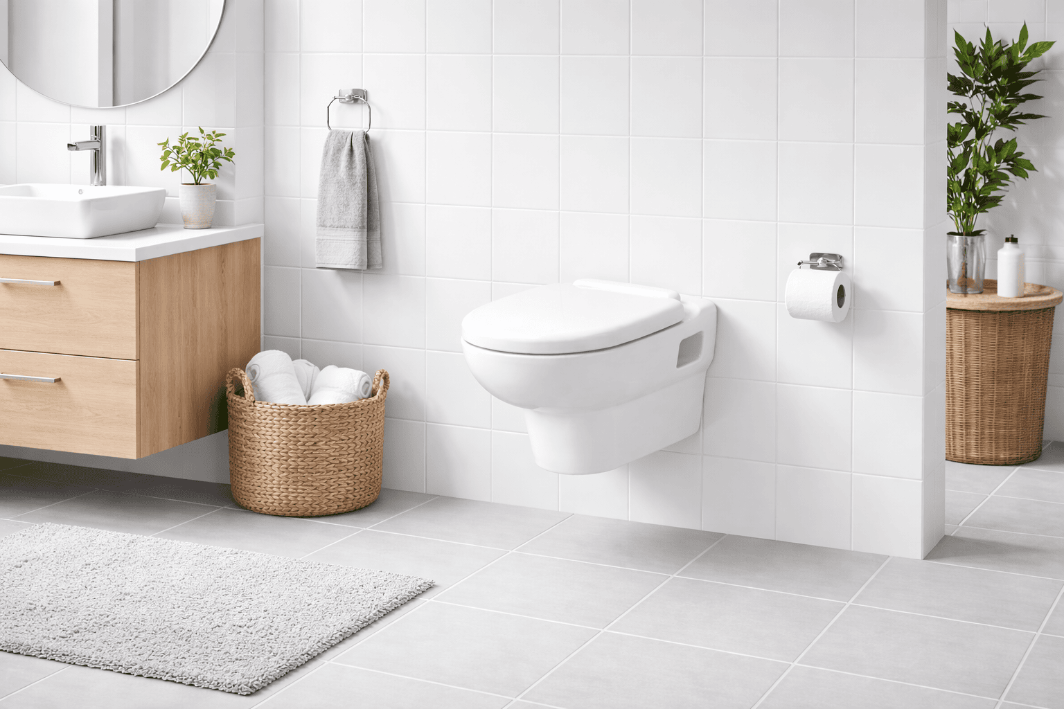 Moderne baderom med veggmontert toalett og minimalistisk design. Elegant bad med hvite fliser og tre-elementer, perfekte for oppussing av bad eller ny nettside for rørleggerfirma.